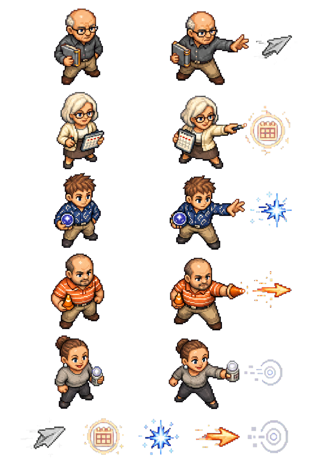 Five likeness-based ranged elite professional sprites and their projectiles