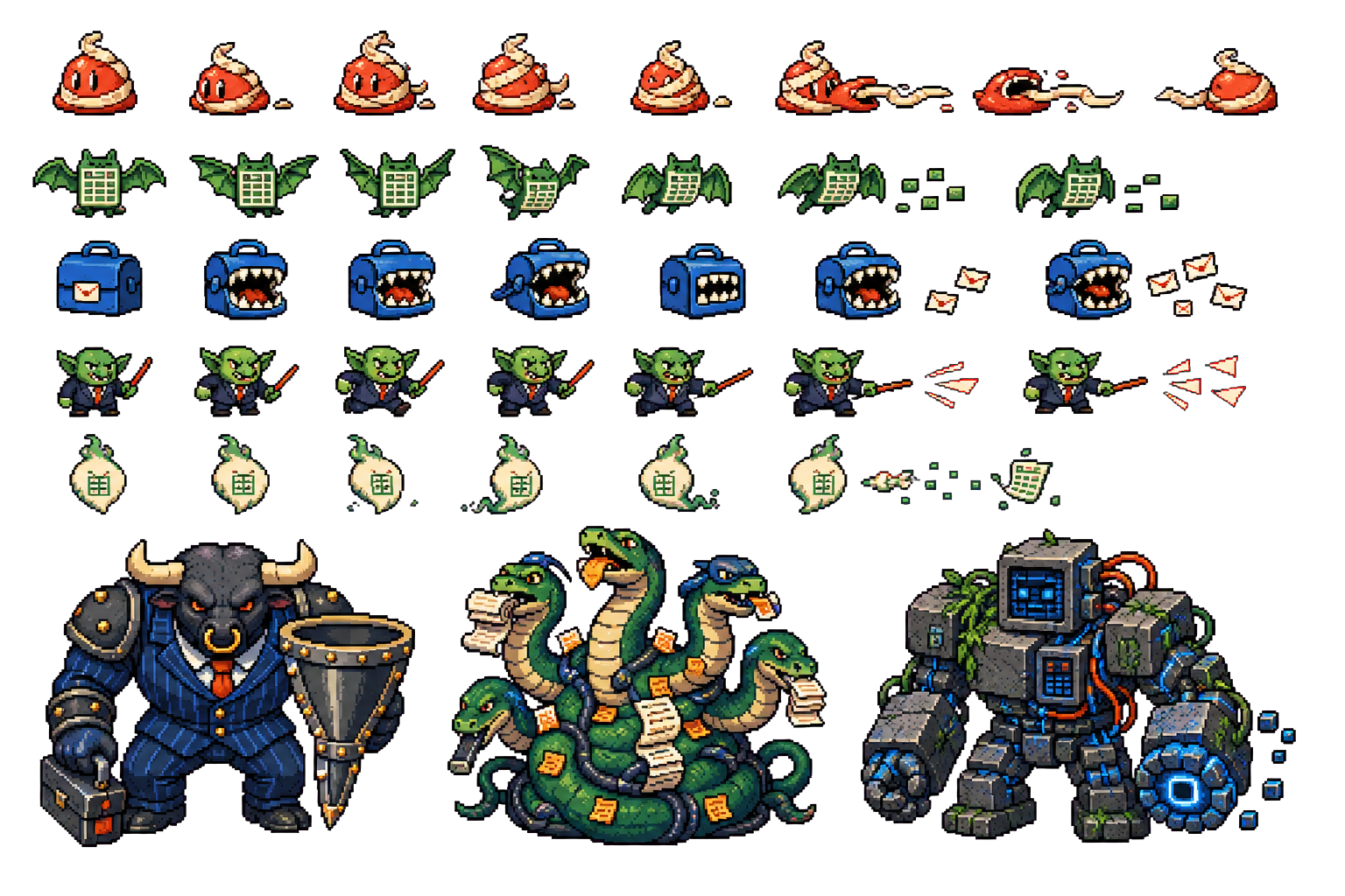 Animated business fantasy enemy and boss sprite sheet