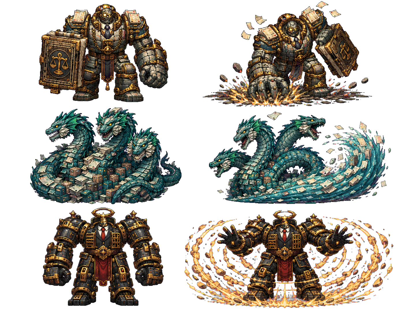 Three giant milestone boss sprite characters