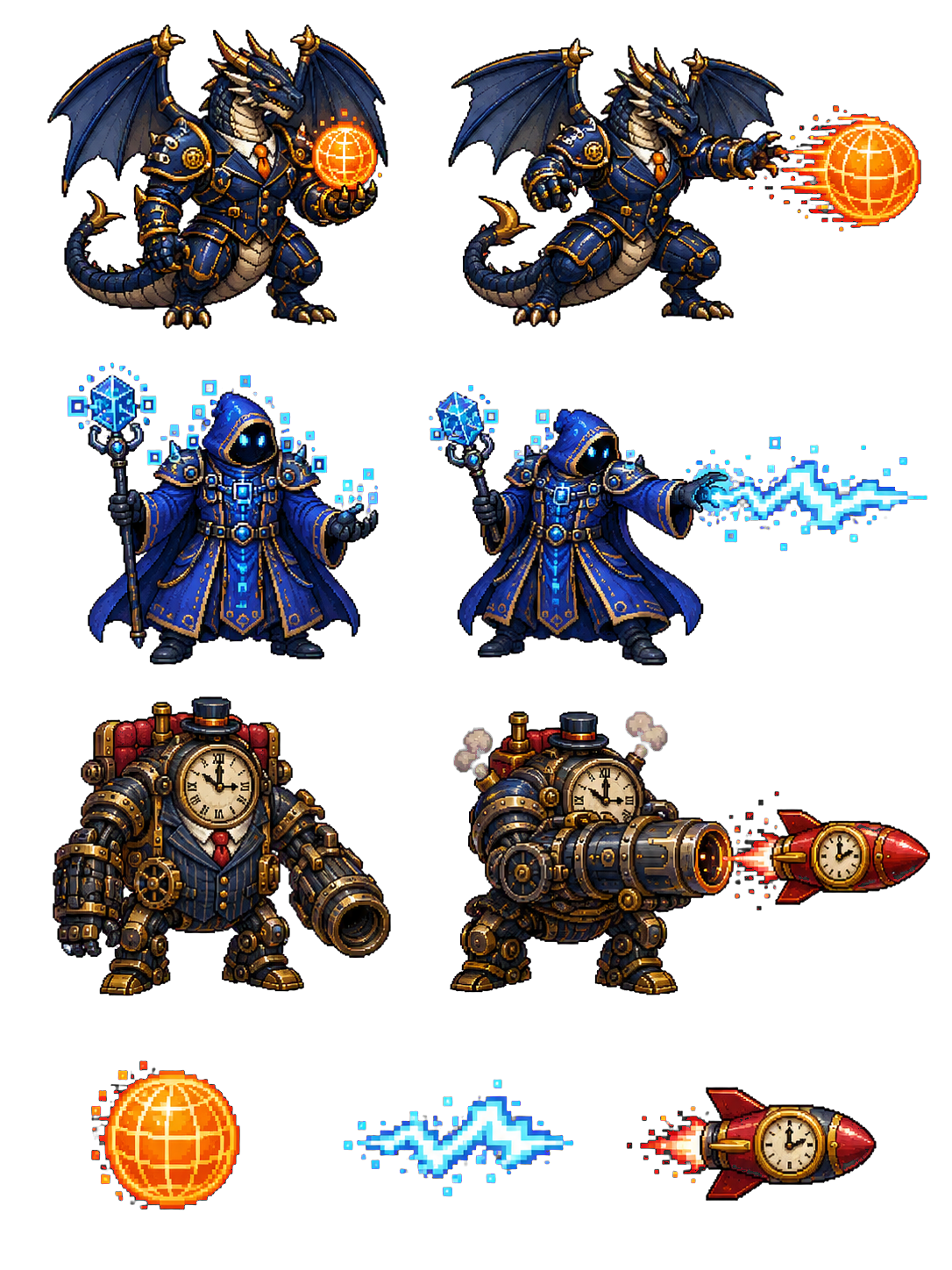 Three ranged business fantasy bosses and projectile sprites