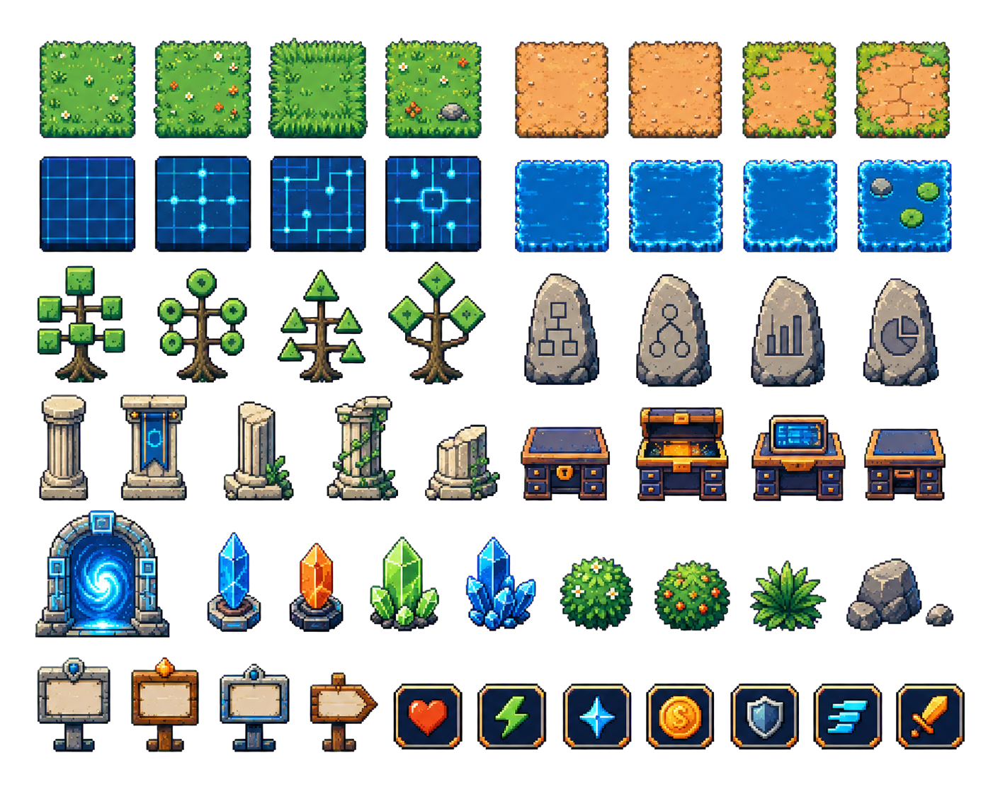 Business fantasy decoration sprite sheet used over seamless procedural terrain